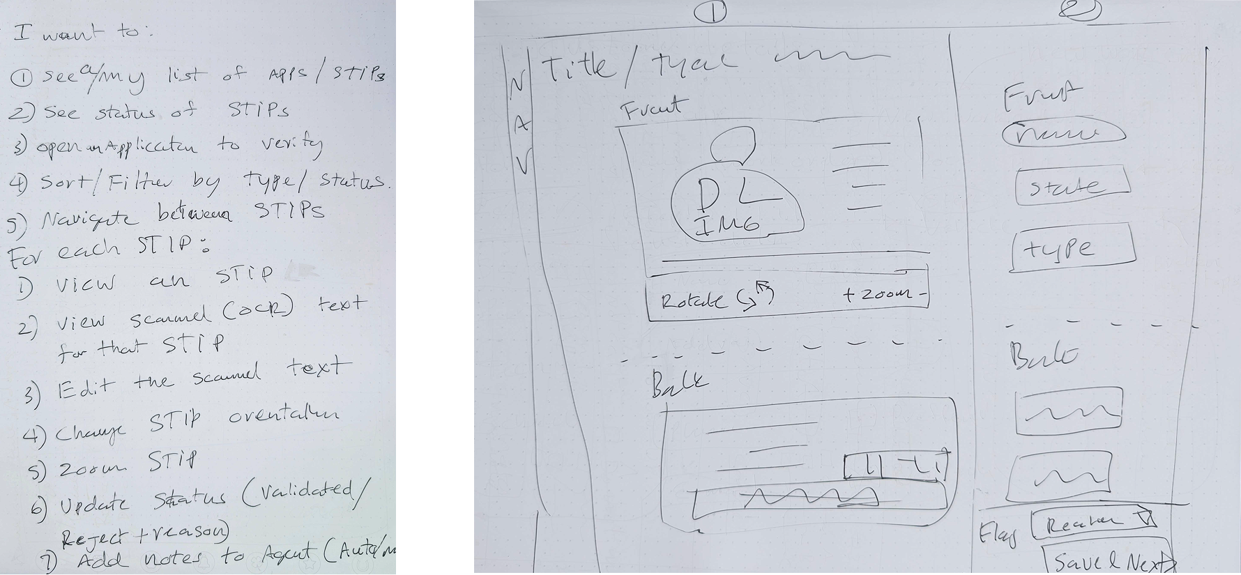 Early workflow mapping and review layout sketch used to define verification controls and agent workflow