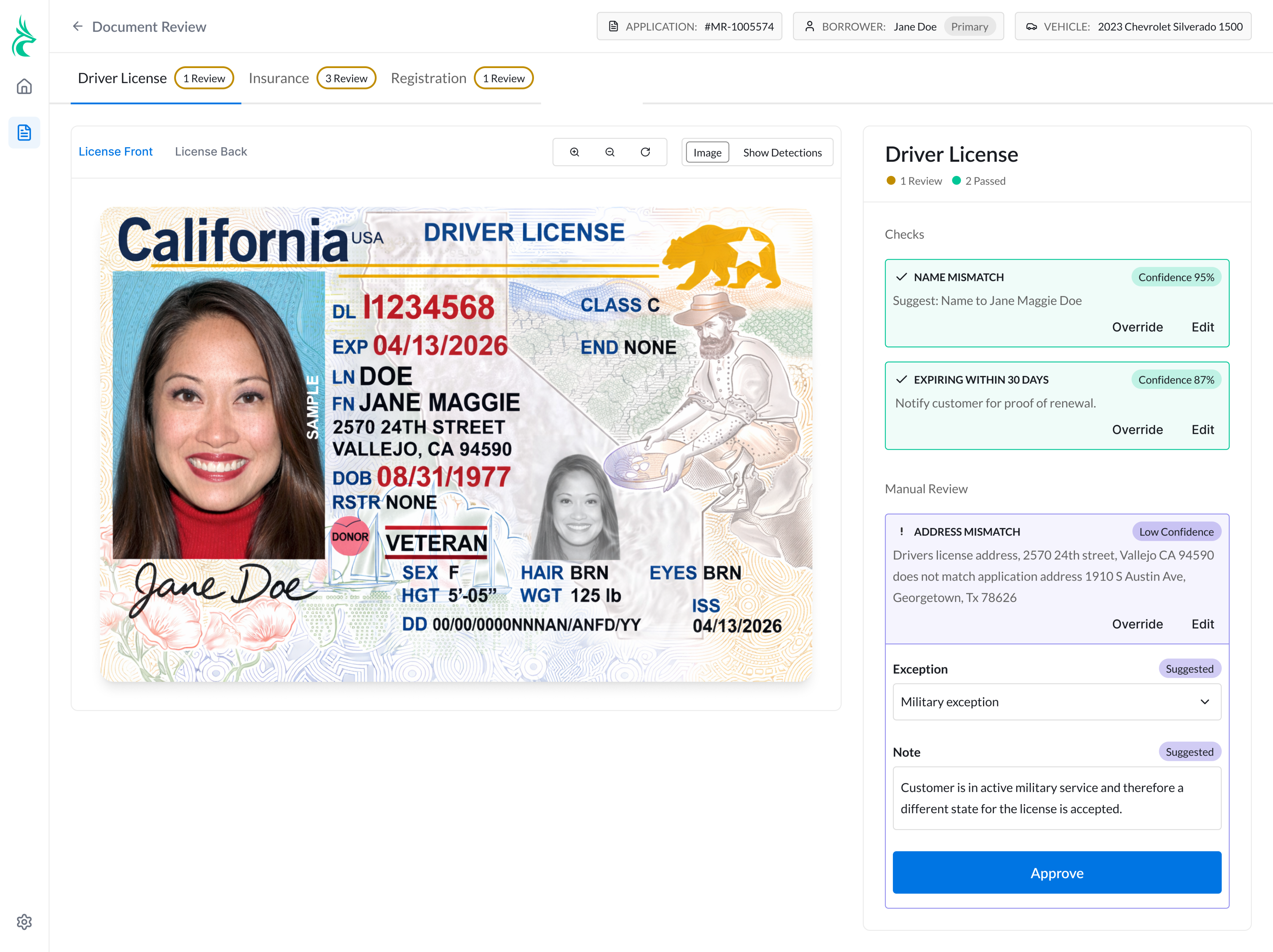 The interface shows detected fields, rule checks, and exception requirements together. Passing checks remain visible but require no action, while failed rules move the document into manual review. Agents can override rules, apply an allowed exception, and add a required note before approval becomes available.